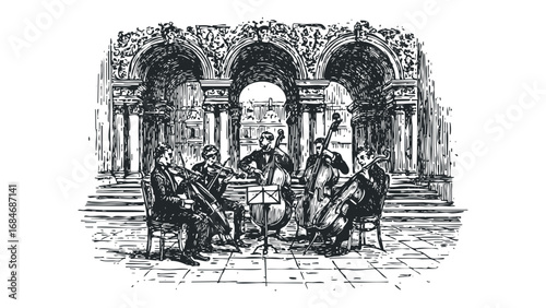 Engraved drawing of classical musicians performing chamber music in an architectural setting. Vector hand drawn illustration