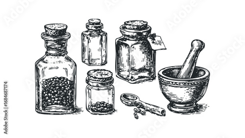 Hand-drawn collection of apothecary jars and mortar with pestle. Vector hand drawn illustration