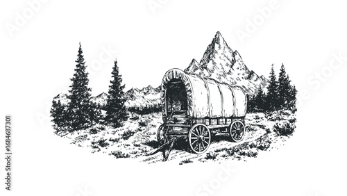 Pioneer Covered Wagon Camping Near Pine Trees and Mountains. Vector hand drawn illustration