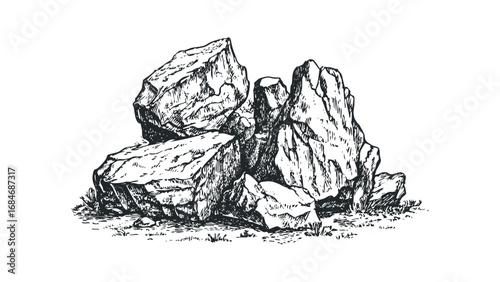 Hand drawn sketch of rough, jagged stones and tall grass on transparent background. Vector hand drawn illustration