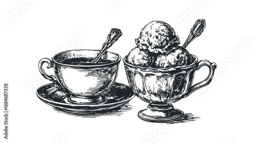 Sketch of Ice Cream Sundae and Coffee Cup with Spoons. Vector hand drawn illustration