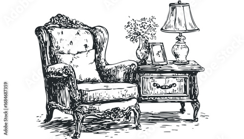 Detailed sketch of an ornate armchair next to a side table with a lamp and vase. Vector hand drawn illustration