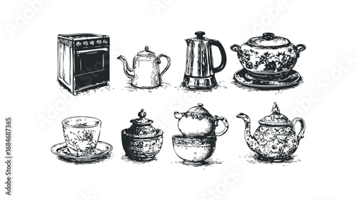 Vintage Kitchenware Collection Sketch with Teapots and Oven. Vector hand drawn illustration