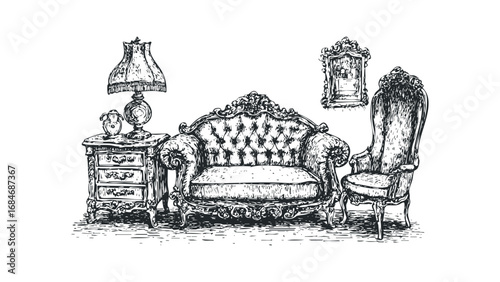 Ornate vintage sofa, armchair, and table with lamp sketch. Vector hand drawn illustration