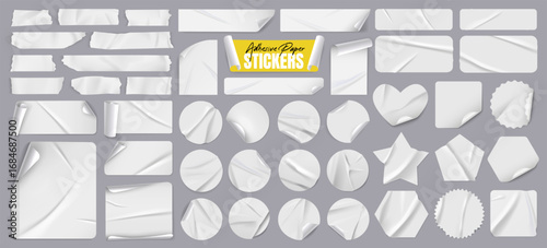 Realistic paper label, glued plastic sticker and crumpled torn adhesive tape collection with wrinkle texture. White sticky note, price tag, shiny cellophane, pvc strip or grunge business ribbon mockup