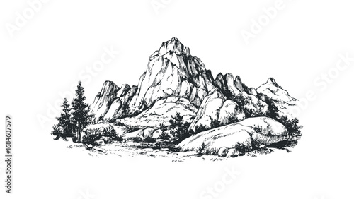 Rough Rocky Mountain Peak with Trees Sketch. Vector hand drawn illustration