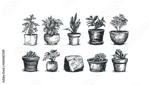 Collection of Potted Houseplants and Rock sketch on white. Vector hand drawn illustration
