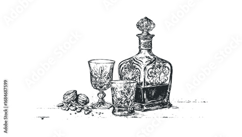 Sketch of engraved glass decanter and two glasses with nuts on transparent background. Vector hand drawn illustration
