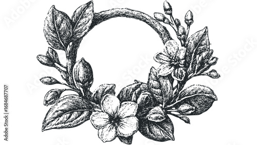 Monochromatic sketch of a circular floral border with buds and leaves. Vector hand drawn illustration