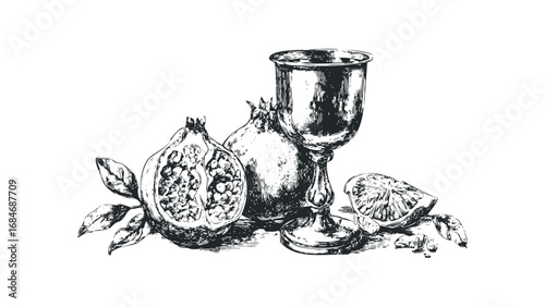 Sketch of a Pomegranate with a Chalice and Citrus Fruit Slice. Vector hand drawn illustration