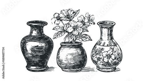 Three Vintage Vases with Flowers Detailed Sketch on Transparent. Vector hand drawn illustration