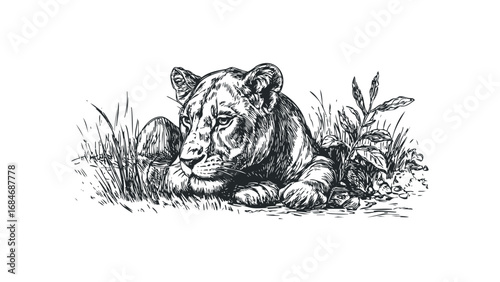 Lioness resting peacefully amidst tall grass and foliage. Vector hand drawn illustration