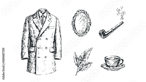 Sketch Ensemble of Gentleman's Apparel and Accessories. Vector hand drawn illustration