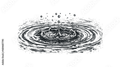 Ink splash and ripples on transparent background. Vector hand drawn illustration