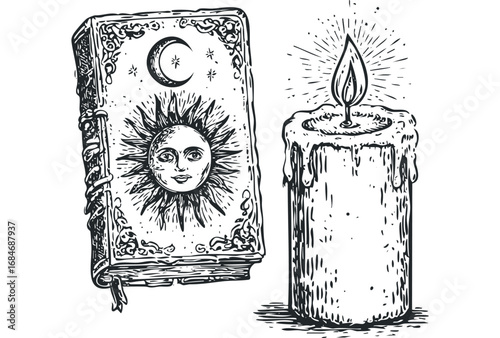Vintage sun and moon book with dripping candle illustration. Vector hand drawn illustration