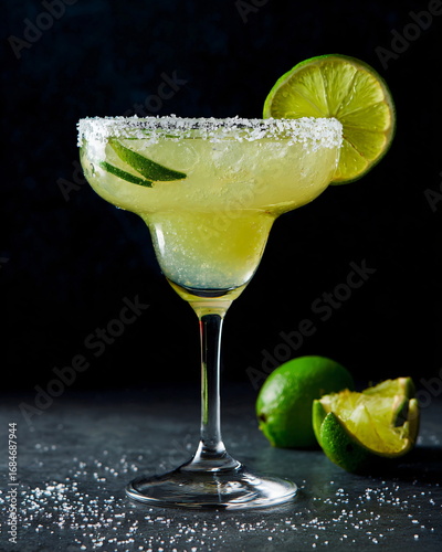 side shot of margarita cocktail with salted rim and lime wedge
