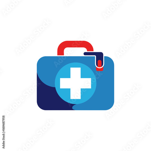 Blue First Aid Kit with White Cross and Red Handle Illustration.