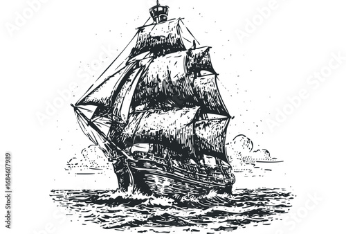 Antique tall ship with full sails navigating choppy waters, black ink sketch. Vector hand drawn illustration