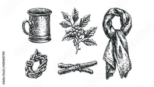Vintage Engraving Style Icons of a Mug, Holly, Scarf, and Knotted Rope. Vector hand drawn illustration