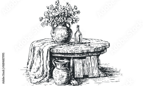Sketch of two pottery vases and a bottle on a draped table. Vector hand drawn illustration