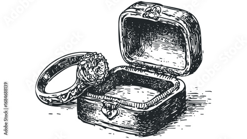Engraved Ring with Open Box. Vector hand drawn illustration