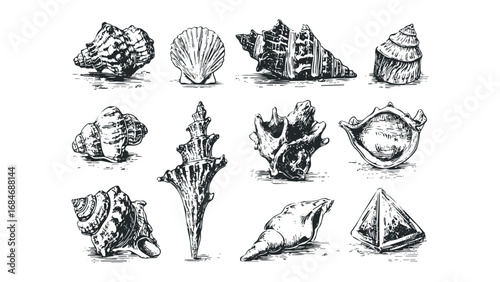 Collection of Diverse Seashells in Sketch Style on Transparent Background. Vector hand drawn illustration