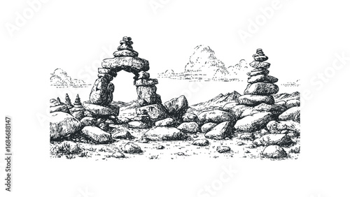 Stone archway and cairn stacks with mountainous scenery and clouds. Vector hand drawn illustration