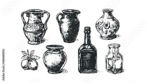 Vintage pottery and glass vessels with etched botanical designs. Vector hand drawn illustration