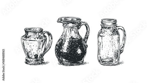 Ink Drawing of Three Glass Containers with Handles and Liquids. Vector hand drawn illustration