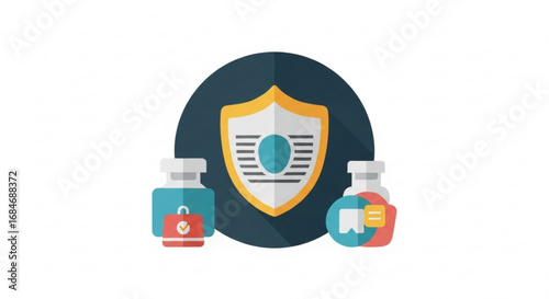 Vaccine safety and protection concept with shield and vials for healthcare and medical illustration icon design