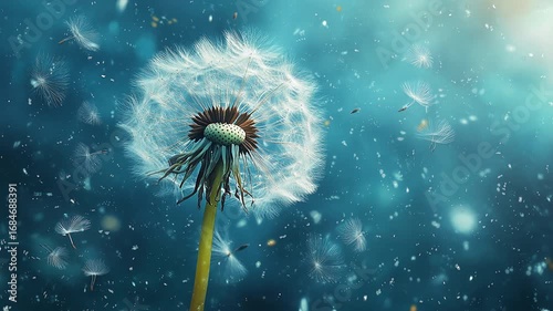 blooming dandelion blowing on blue sky with flying seeds animation cg motion background aqua loop
