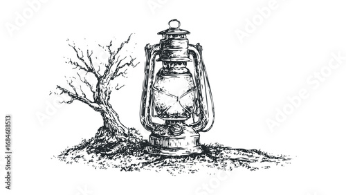 Sketch of an old kerosene lantern next to a bare tree. Vector hand drawn illustration