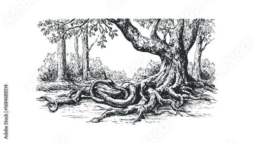 Ancient tree with coiled serpent entwined in exposed roots. Vector hand drawn illustration