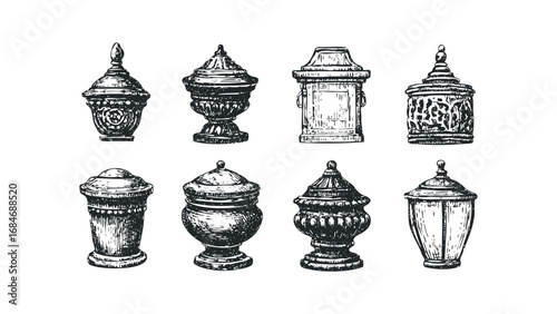 Collection of ornate antique vases and urns with intricate designs. Vector hand drawn illustration