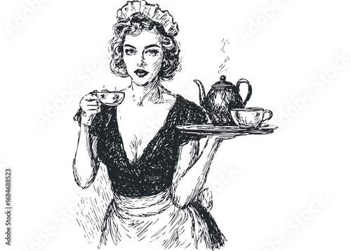 Waitress serving tea on a tray with a teapot and cups. Vector hand drawn illustration