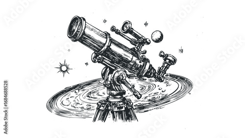 Old telescope observing celestial body and stars. Vector hand drawn illustration