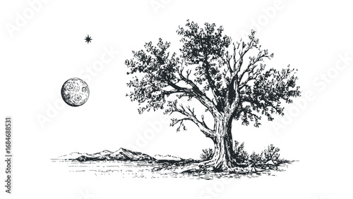 Ink drawing of a large, mature tree with a full canopy under a night sky with a crescent moon and star. Vector hand drawn illustration