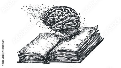 Open Book with Human Brain Emerging and Dissipating Elements. Vector hand drawn illustration