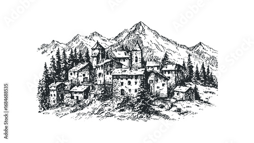 Rustic village nestled at the base of imposing mountains with pine trees. Vector hand drawn illustration