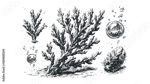 Hand-drawn coral and marine life studies in black ink. Vector hand drawn illustration