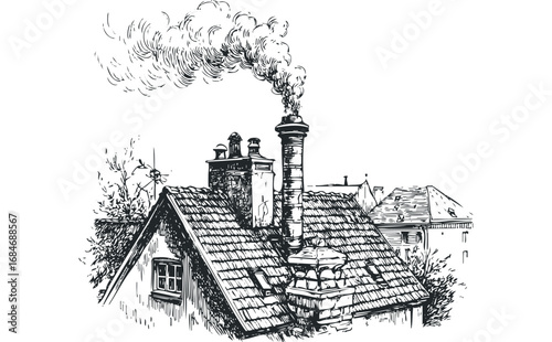 Sketch of old rooftops with smoke rising from a chimney. Vector hand drawn illustration