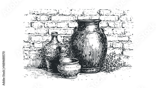 Collection of antique pottery and bottles arranged on a surface against a brick wall. Vector hand drawn illustration