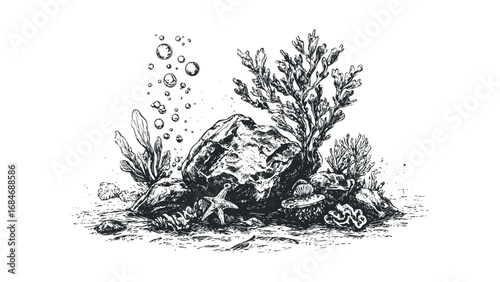 Sketch of underwater scene with coral, rock, starfish, and bubbles. Vector hand drawn illustration