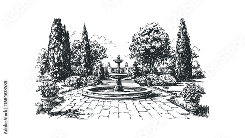 Sketch of a formal garden with a tiered fountain and paved walkway. Vector hand drawn illustration