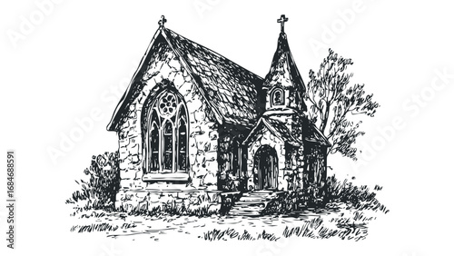 Sketch of a small, historic stone church with a pointed steeple and arched entryway. Vector hand drawn illustration