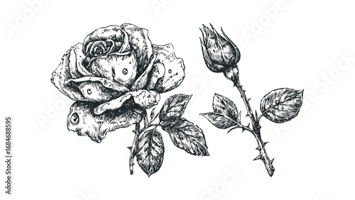 Detailed ink drawing of a blooming rose with a bud on a thorned stem. Vector hand drawn illustration