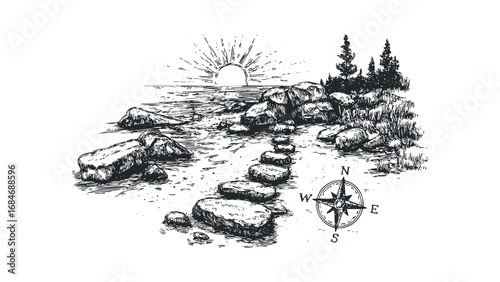 Stone Path Leading Towards Sunrise Over Wavy Ocean Water with Distant Trees. Vector hand drawn illustration