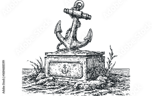 Nautical anchor ornament sits atop a stone monument with water and foliage. Vector hand drawn illustration