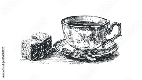 Sketch of vintage teacup with sugar cubes and spoon. Vector hand drawn illustration