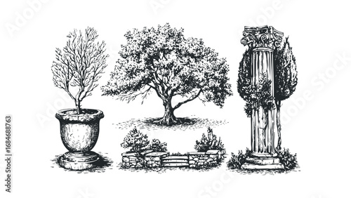 Sketch of an ancient column with foliage and trees in a garden setting. Vector hand drawn illustration